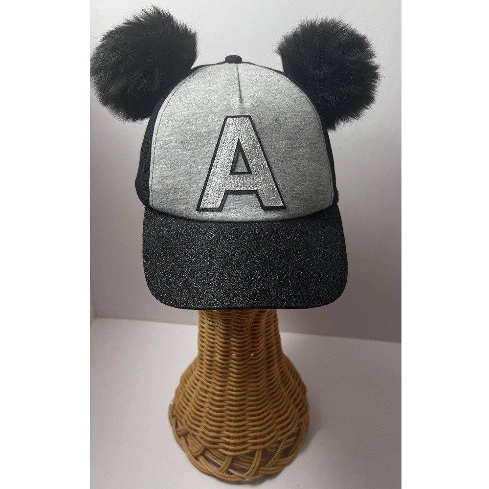 JUSTICE Girls Black Baseball Hat w/ Pom Poms Glitter Brim Faux Fur